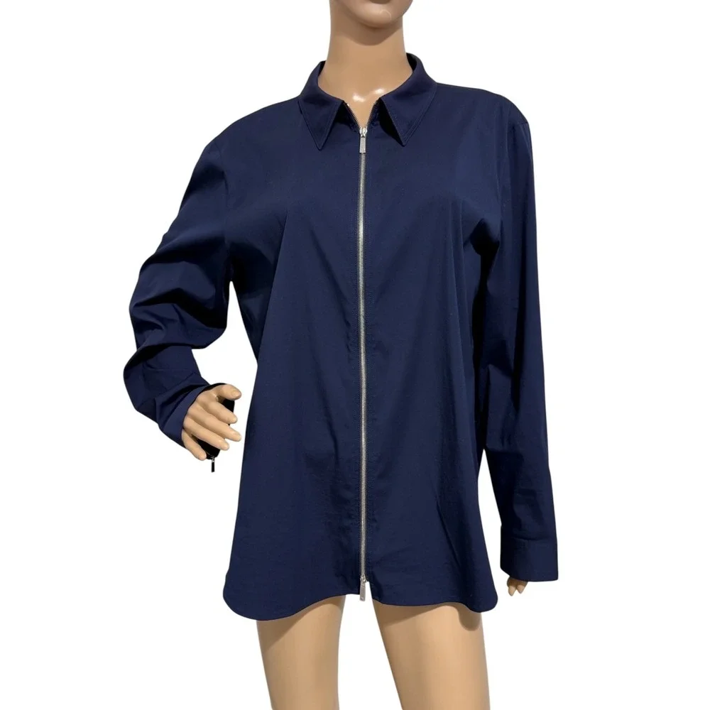 Lafayette 148 New York Zip Front Blouse Sz 16 Navy Stretch Cotton Collared Top - Picture 4 of 14